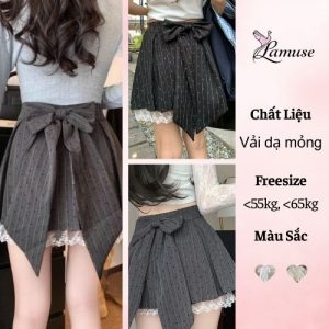 “Chân váy ngắn dạ mỏng nữ Ulzzang phối ren thắt nơ sau lưng freesize”